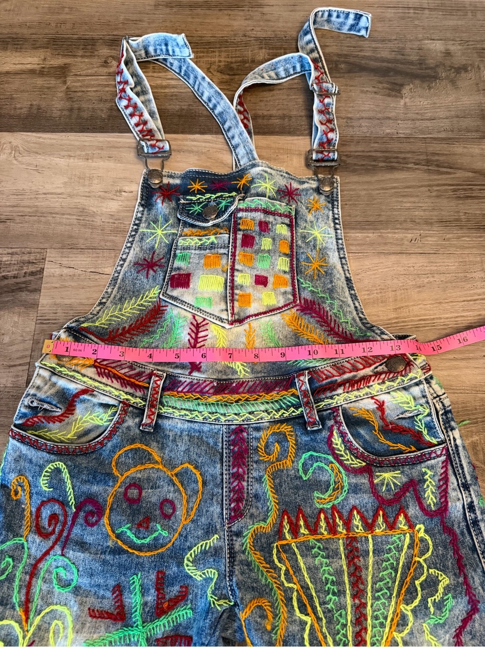 Custom Hand Embroidered Denim Overalls Light Wash Acid Jeans Neon Folk Art Style - Picture 11 of 11